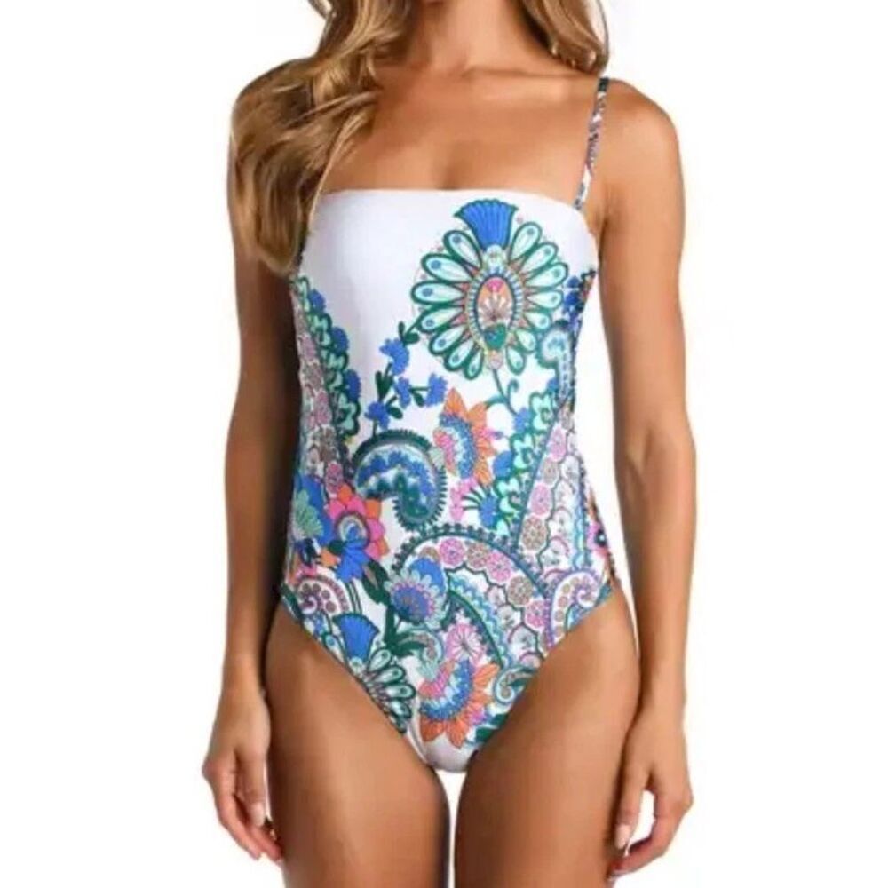 Sunshine 79 Women's White Feel Good Paisley Bandeau One-Piece Swimsuit Size 10